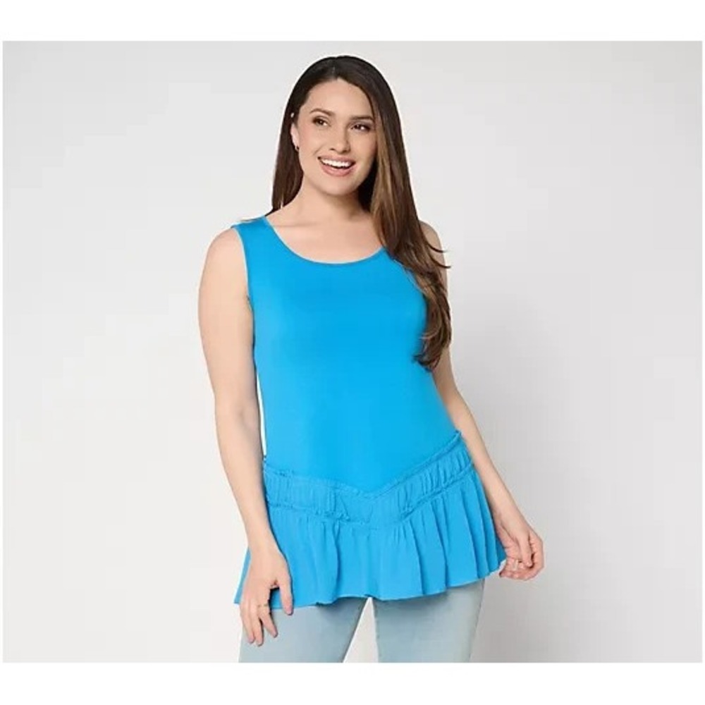 LOGO Layers by Lori Goldstein Mixed Media Tiered Hem Tank Ibiza Blue, X-Large